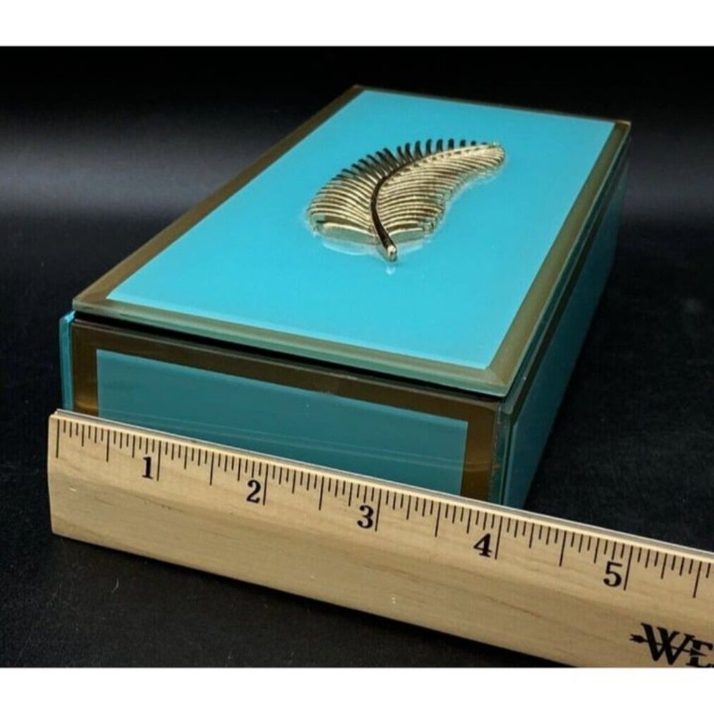 Jewelry Case Teal With Gold Feather Storage Box Black Velvet Lined Box - Picture 6 of 9